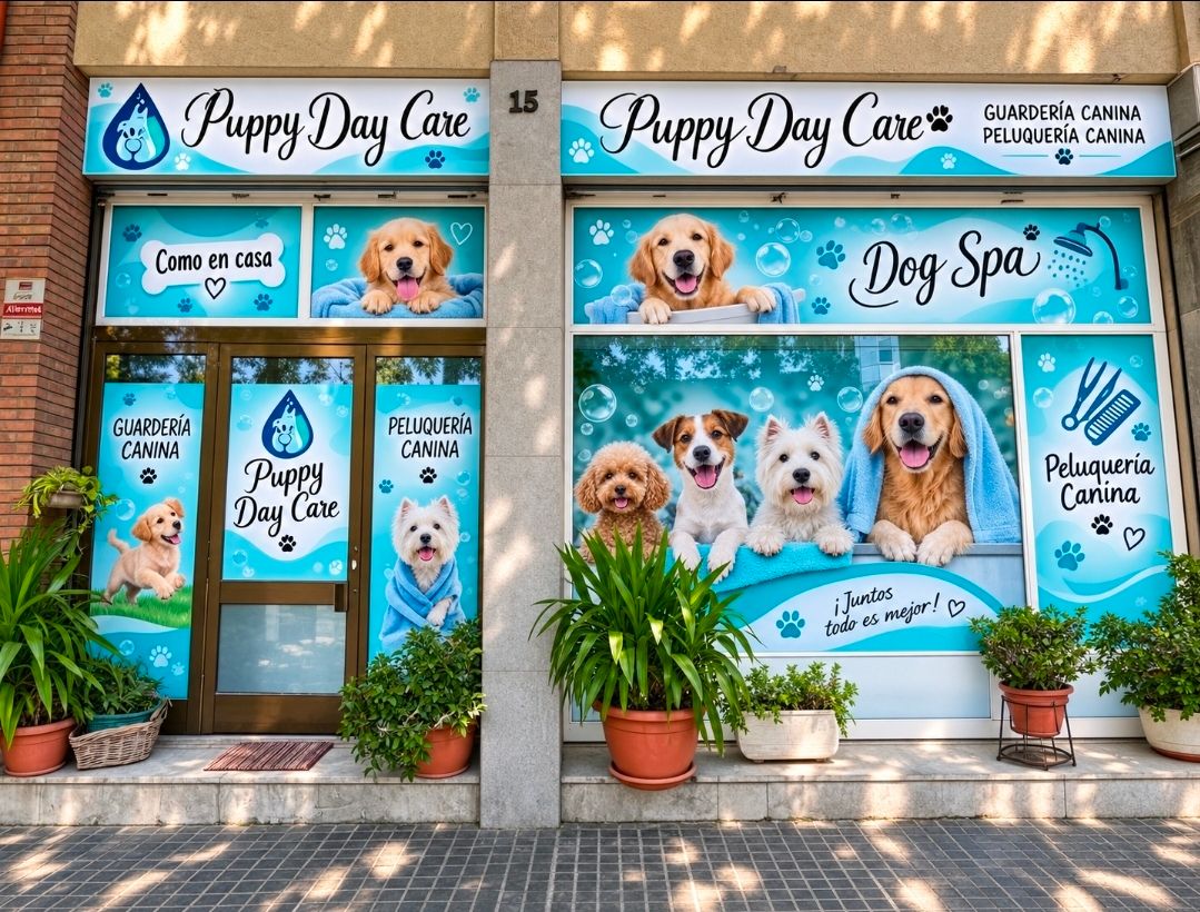 Fachada del local en la Rambla de Guipúscoa, 15, con los rótulos «Puppy Day Care», «Guardería canina», «Peluquería canina» y «Dog Spa», vinilos de perros en el escaparate y macetas en la entrada