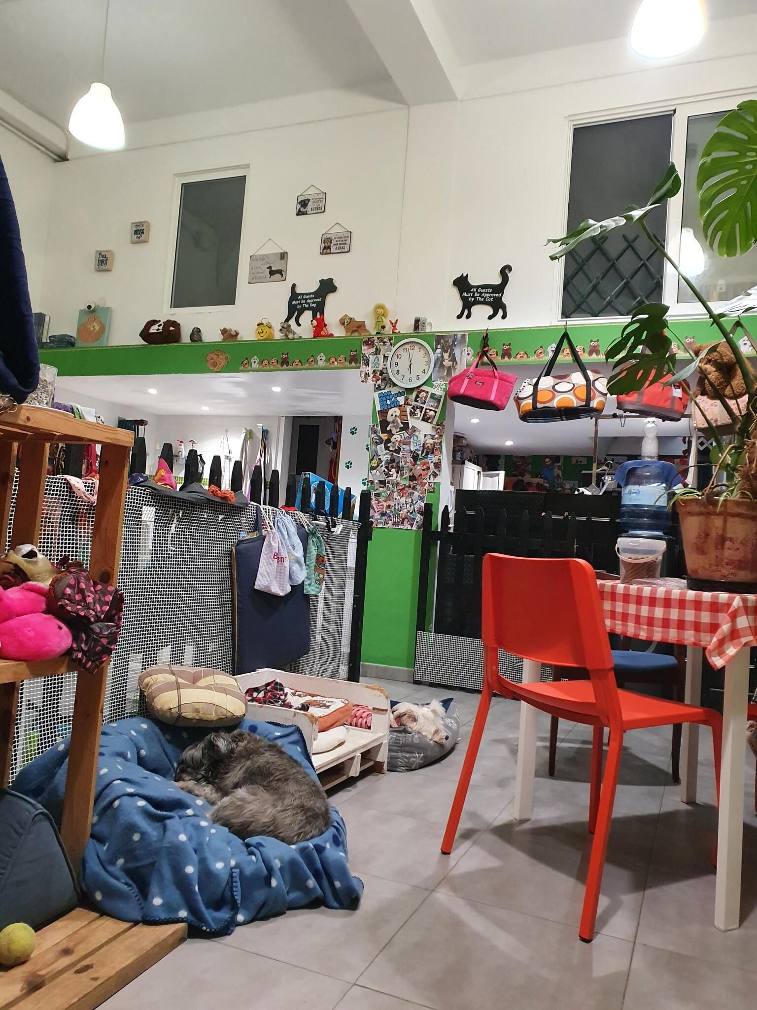 Sala de la guardería: camas, mantas, una mesa con mantel de cuadros y una silla roja
